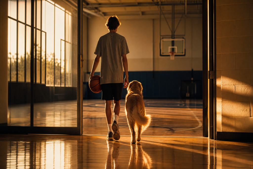Adolescent et golden retriever sur un terrain de basketball