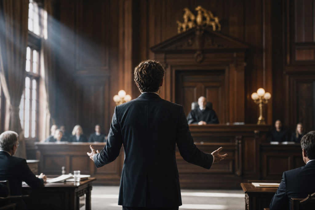 Avocat plaidant devant une salle d'audience