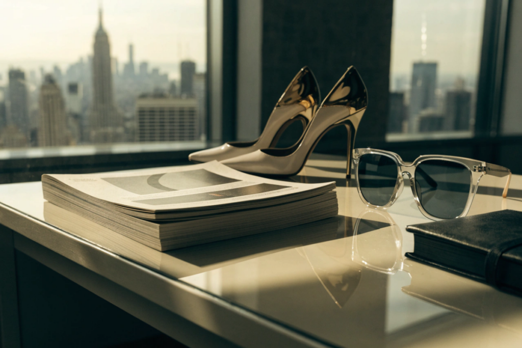 Un bureau de magazine de mode avec escarpins et magazines empilés
