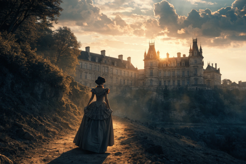 Une comtesse de dos face à un domaine français, inspirée de La Comtesse de Monte-Cristo