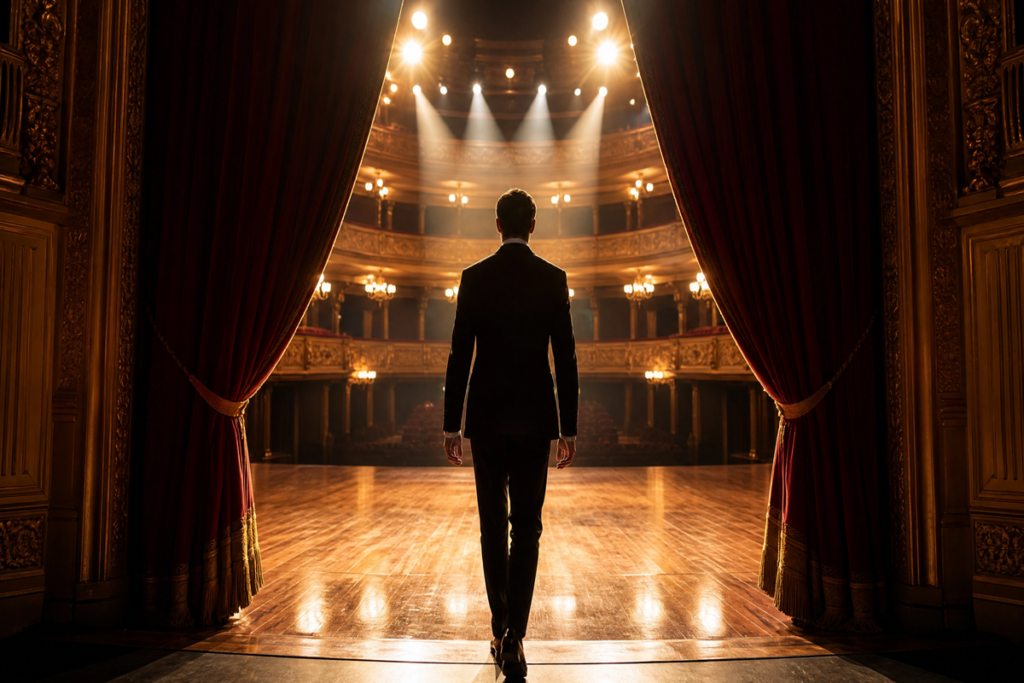 Danseur marchant vers une scène de théâtre illuminée