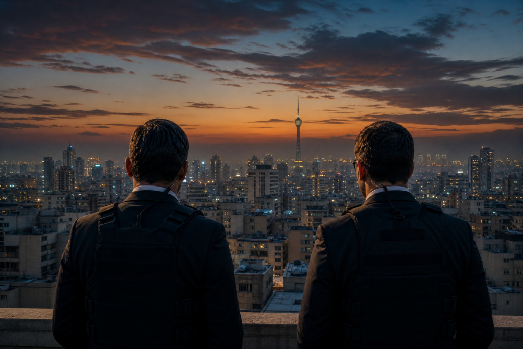 Deux agents observent la ville de Téhéran depuis un toit