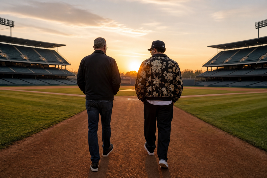 Deux hommes marchant côte à côte sur un terrain de baseball