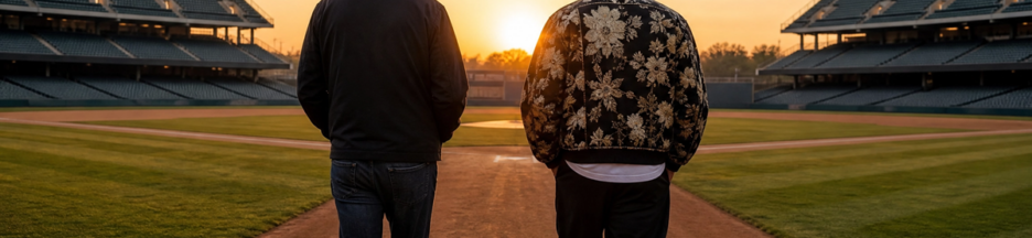 Deux hommes marchant côte à côte sur un terrain de baseball
