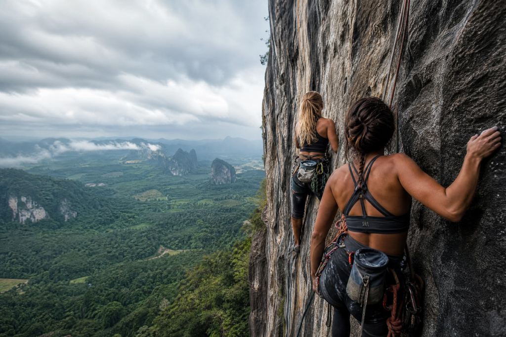 Deux jeunes femmes de dos escaladant une falaise vertigineuse