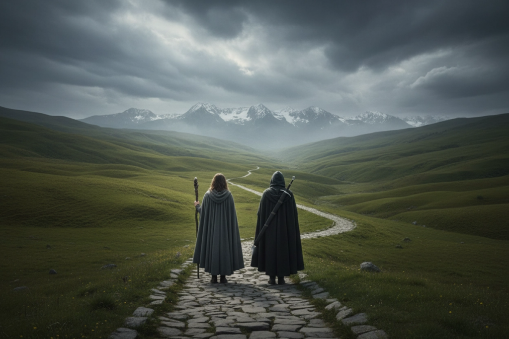 Deux voyageurs sur un ancien chemin de pierre