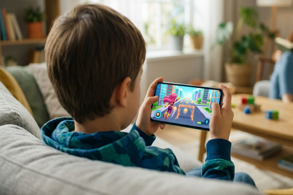 Un enfant qui joue à un jeu mobile
