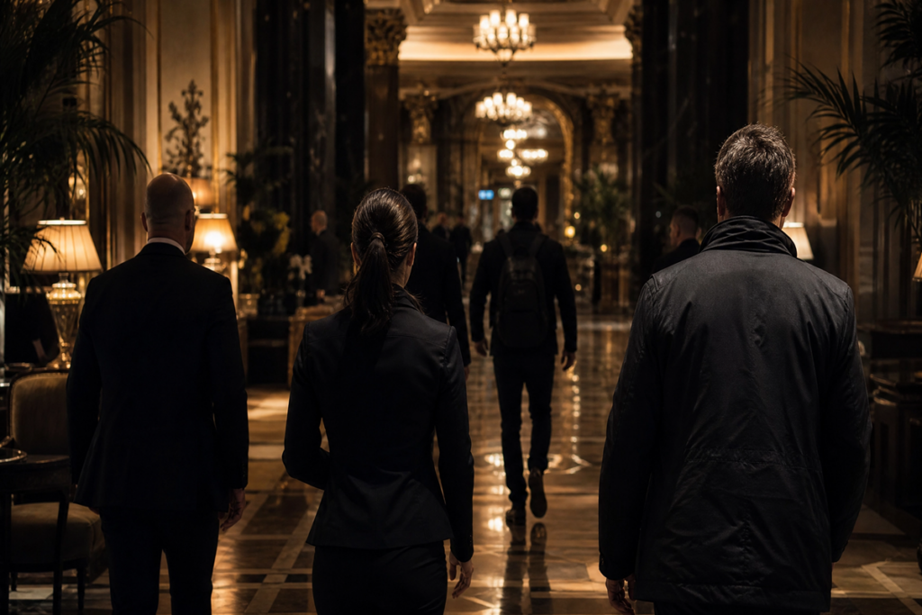 Équipe de la CIA dans un hall d'hôtel luxueux