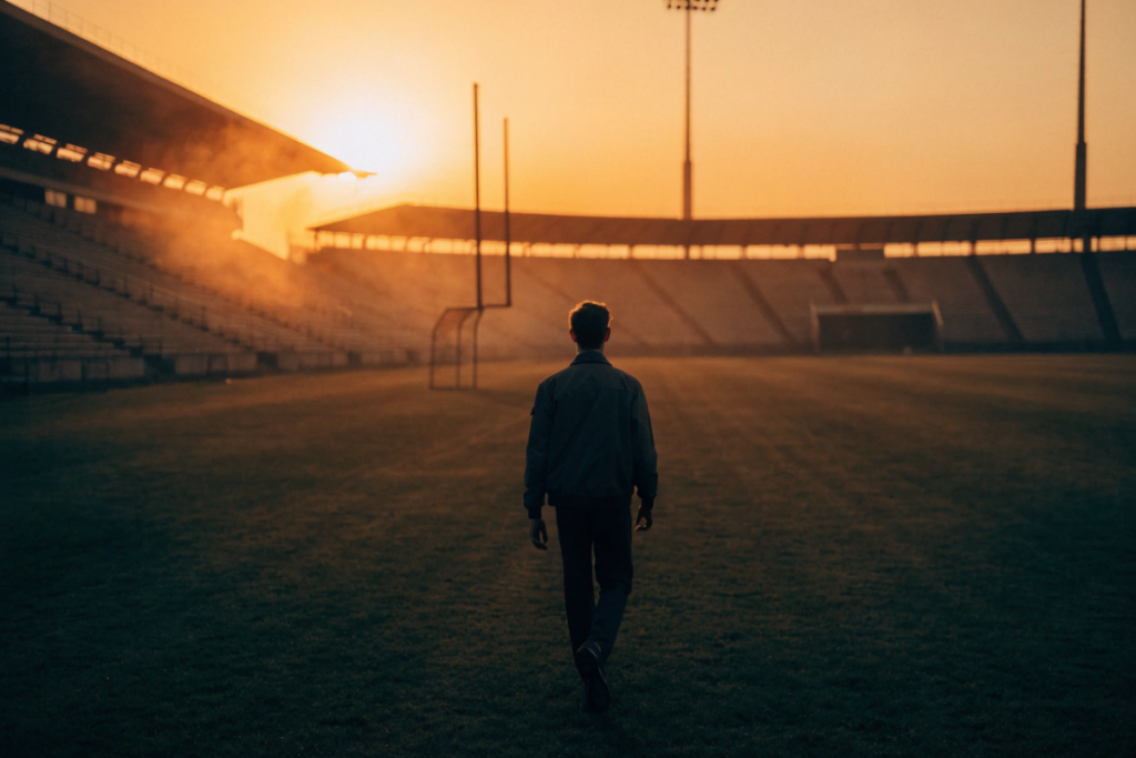 Silhouette d'un homme de dos sur un terrain de football, illustration de la reconversion au cinéma