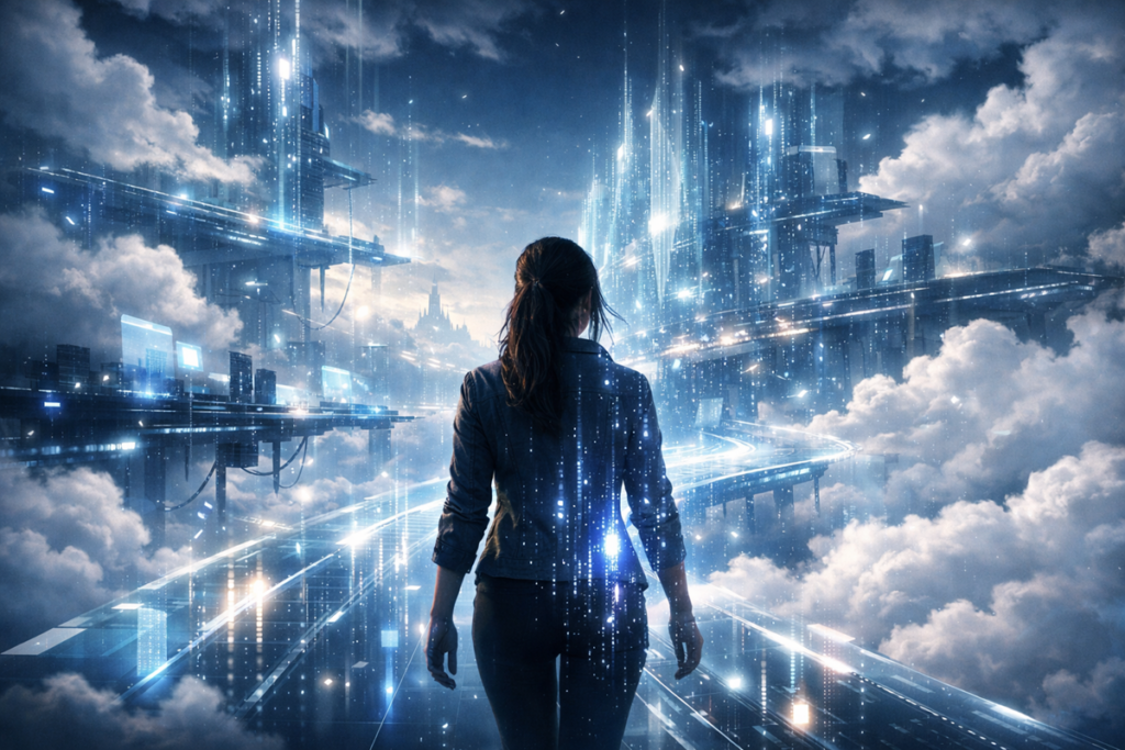 Femme marchant dans un univers numérique inspiré du cloud
