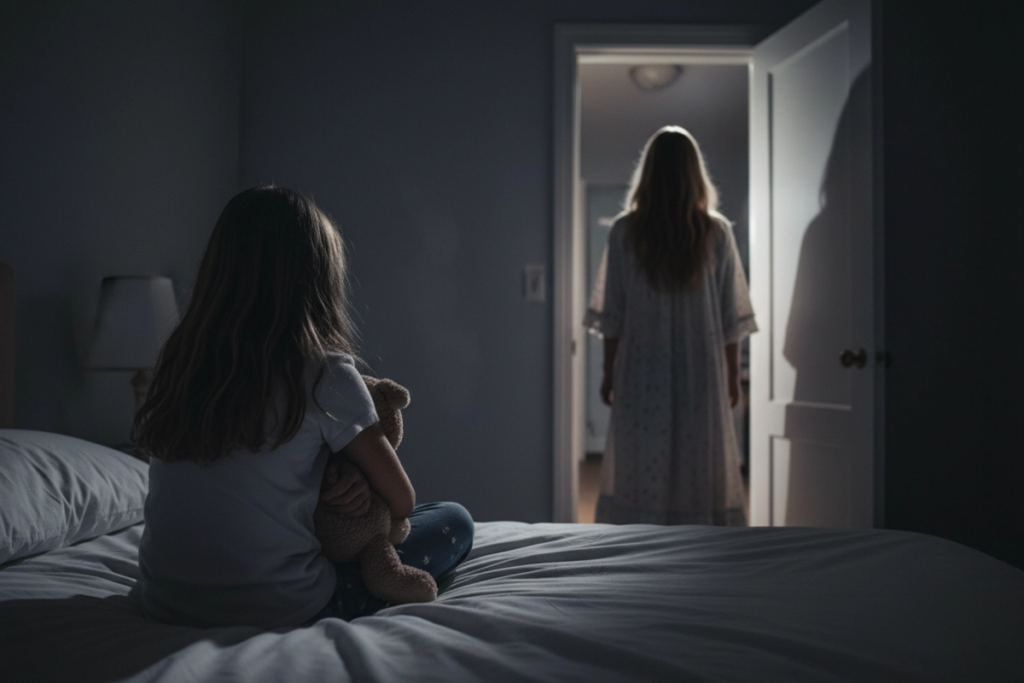 Fillette sur son lit faisant face à la silhouette inquiétante