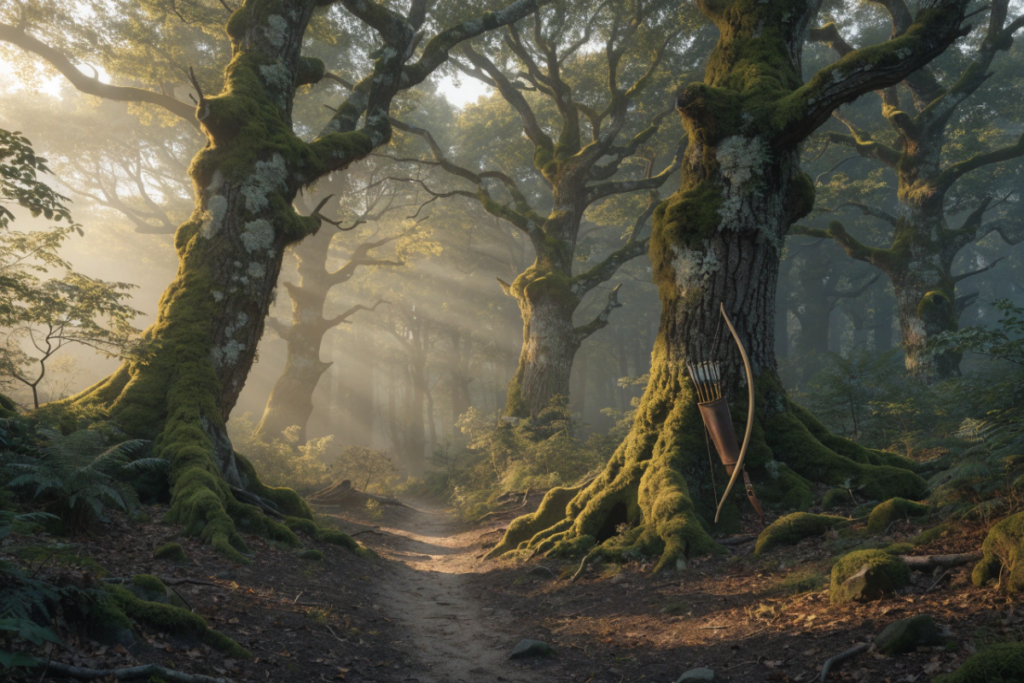 Un arc et d'un carquois posés contre un arbre dans une forêt brumeuse rappelant le décor de Robin Hood saison 2