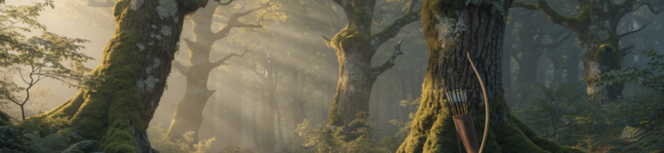 Un arc et d'un carquois posés contre un arbre dans une forêt brumeuse rappelant le décor de Robin Hood saison 2