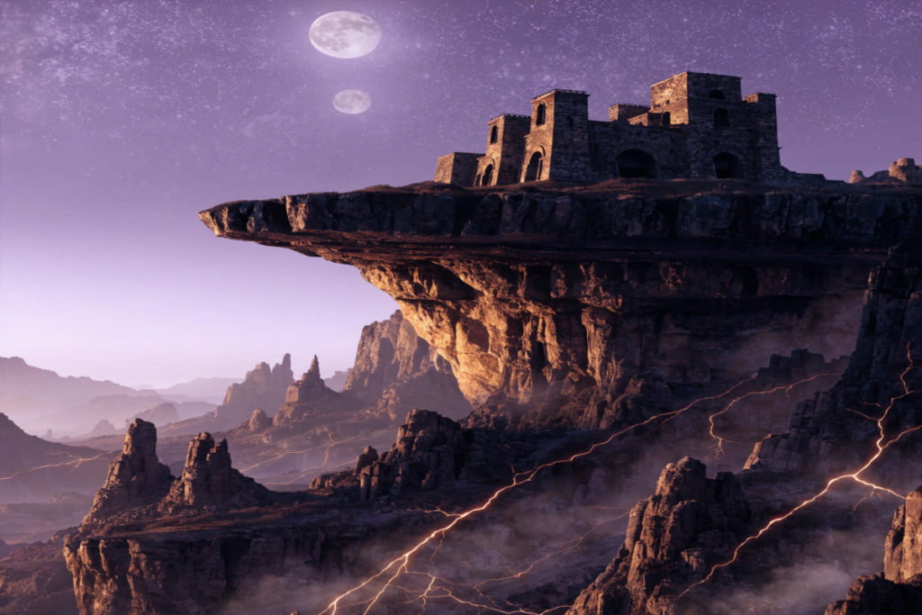 Une forteresse rocheuse sous deux lunes comme dans Les Maîtres de l'Univers