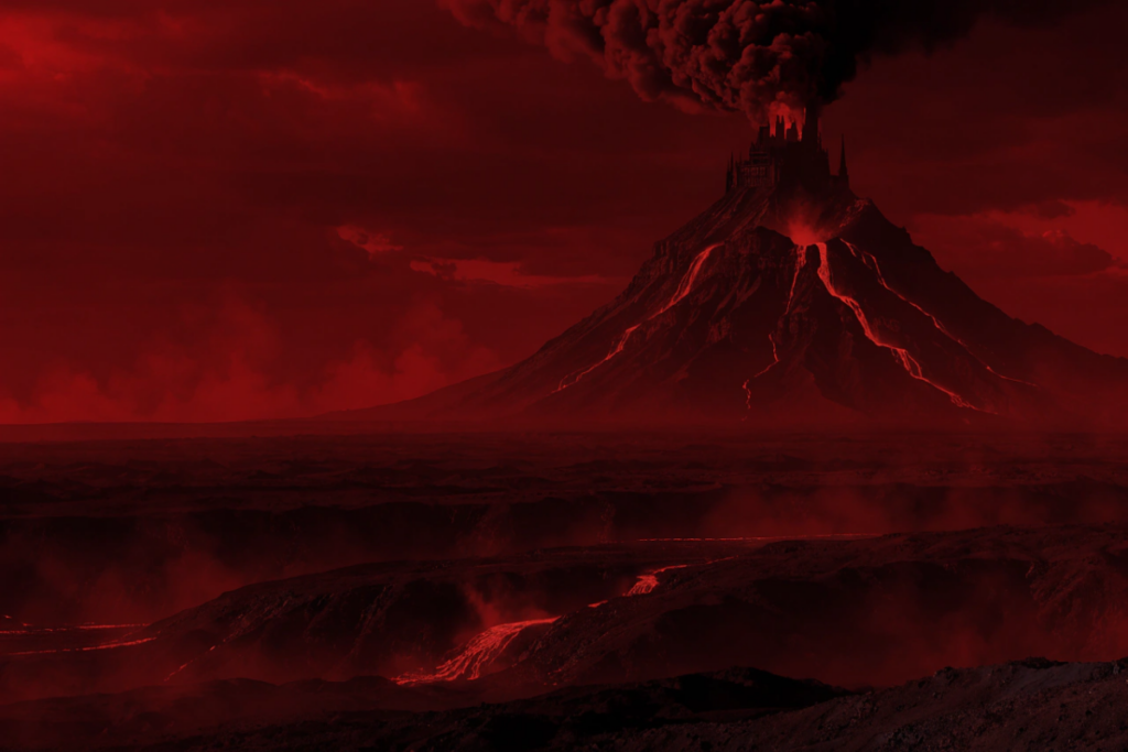 Forteresse sombre au bord d'un volcan en éruption rappelant la série Anneaux de Pouvoir