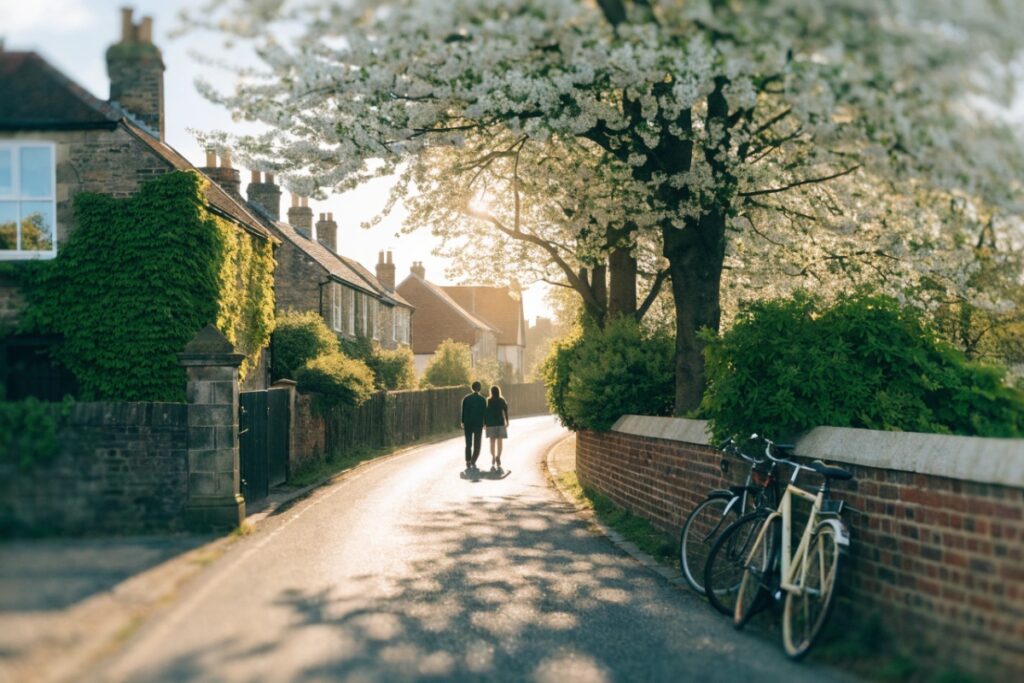 Silhouettes de dos marchent côte à côte dans une rue fleurie