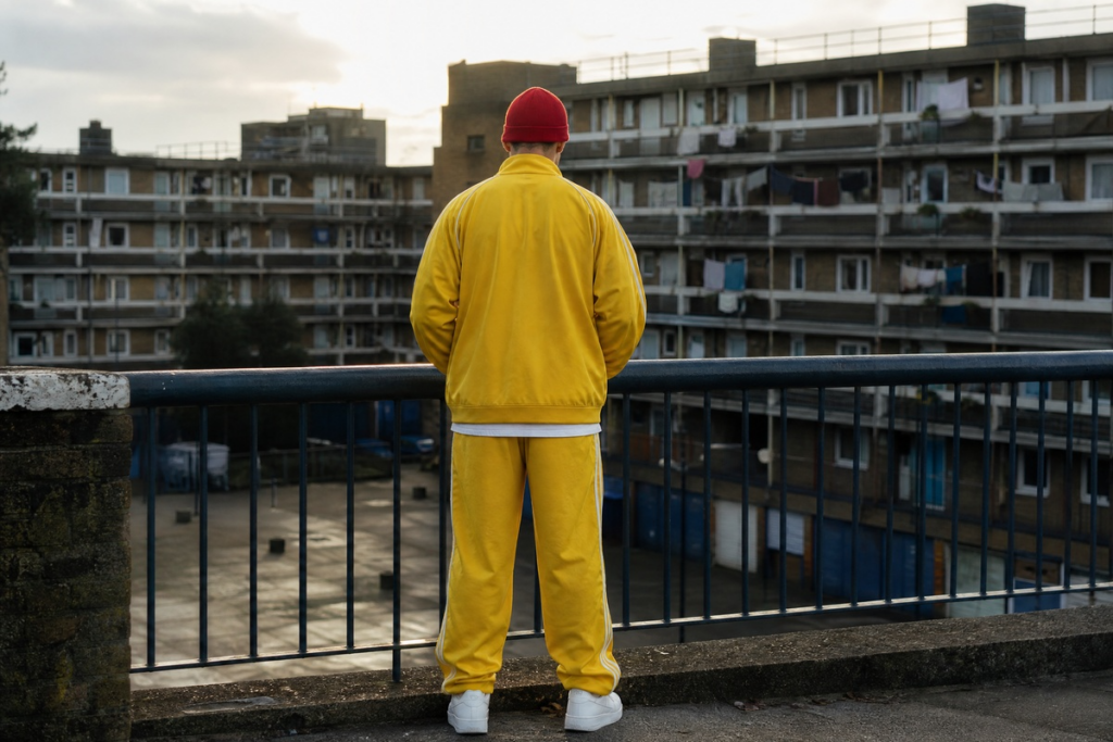  Homme de dos observant une cité résidentielle de la banlieue de Londres