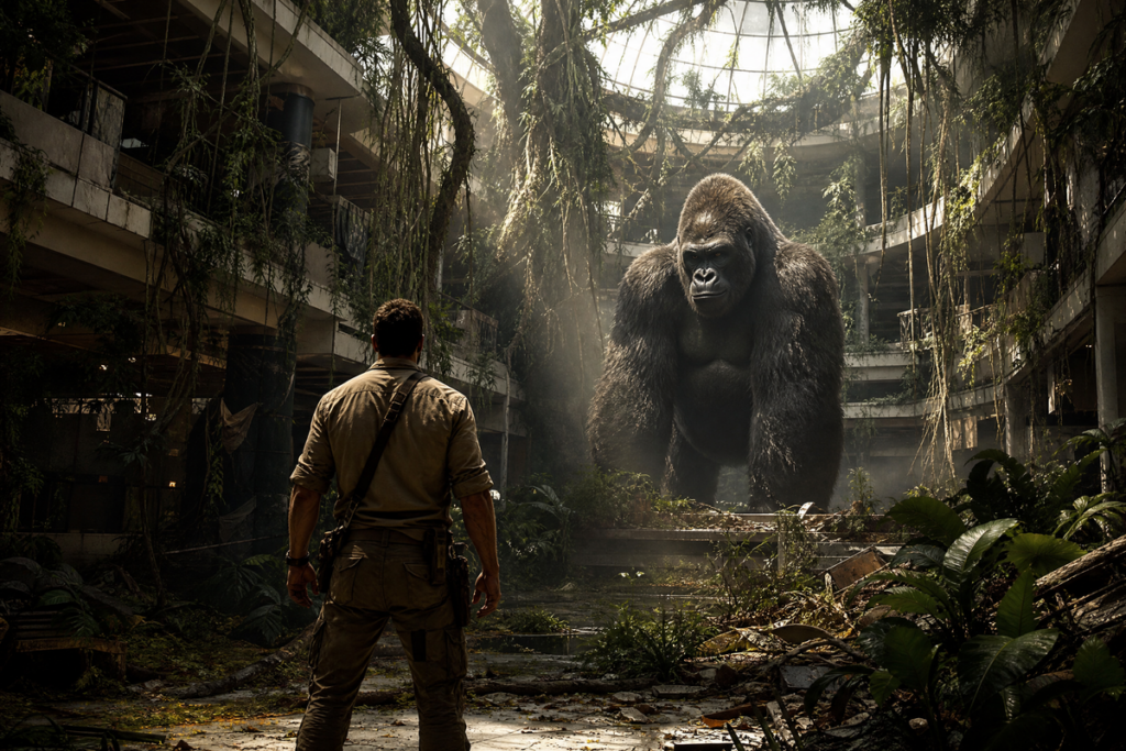 Homme debout au milieu d'un centre commercial envahi par la jungle