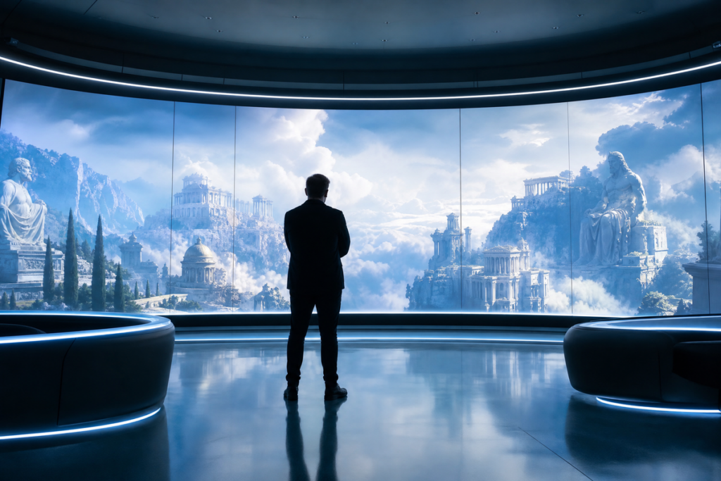 Homme debout devant des écrans futuristes affichant des paysages numériques 