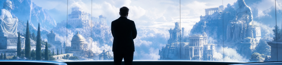 Homme debout devant des écrans futuristes affichant des paysages numériques