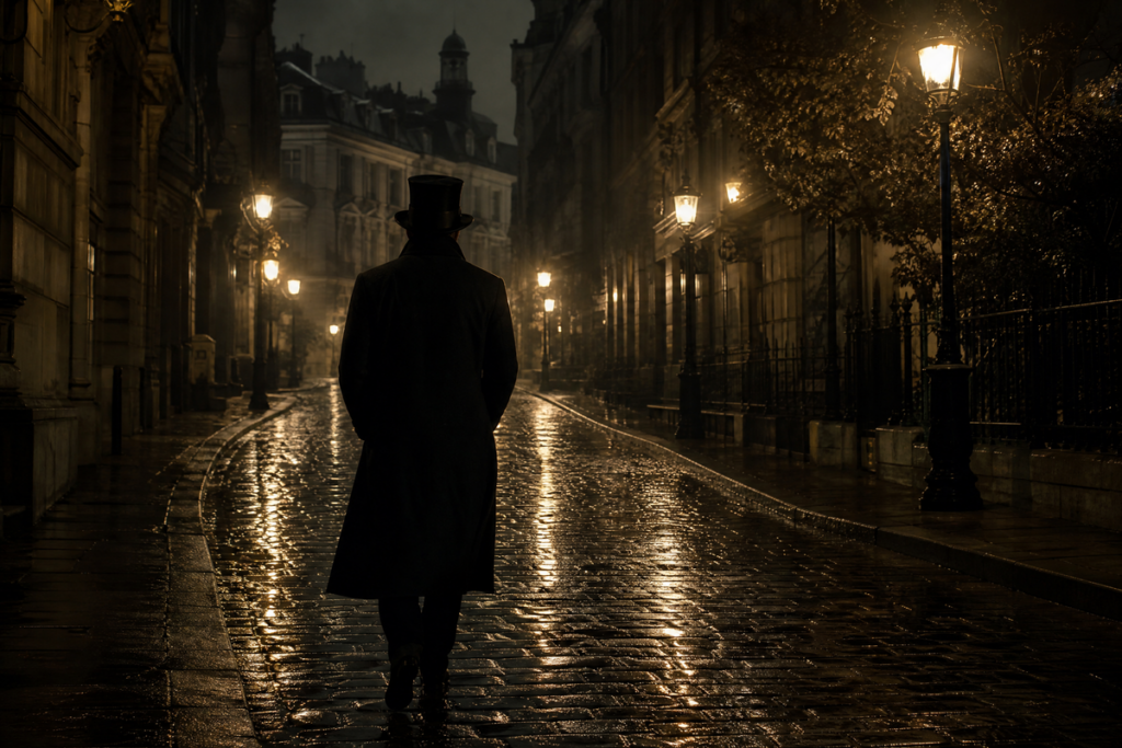 Homme marchant dans une rue pavée du Paris de 1914 rappelant Fantômas