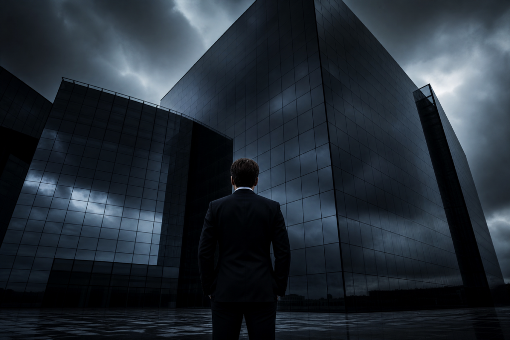 Homme observant un immense bâtiment moderne