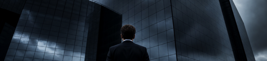 Homme observant un immense bâtiment moderne