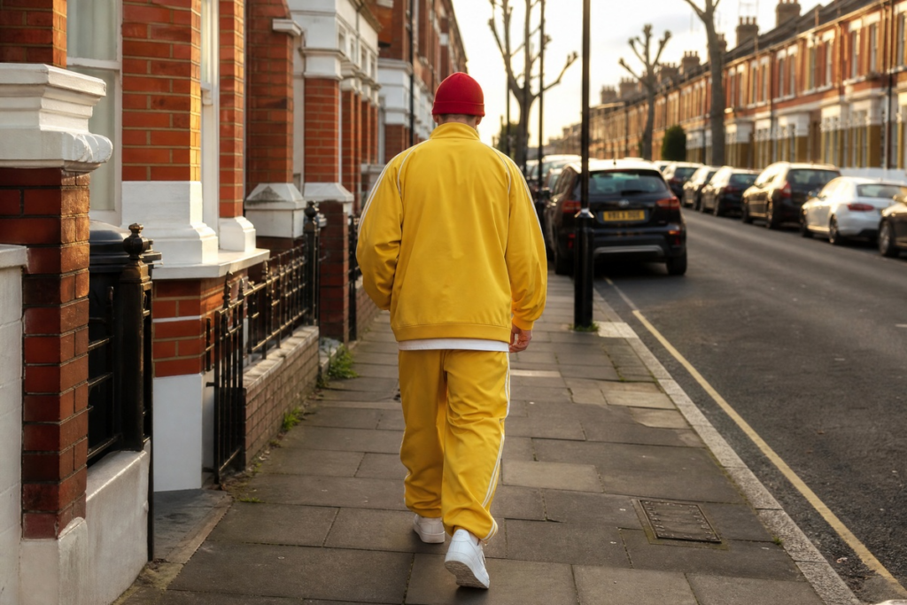 Homme vêtu d’un survêtement jaune rappelant Ali G