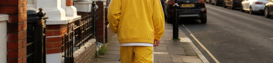 Homme vêtu d’un survêtement jaune rappelant Ali G