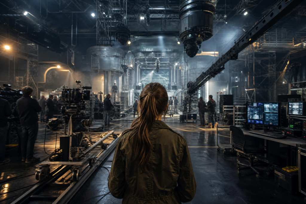 Jeune actrice debout au centre d'un plateau de tournage