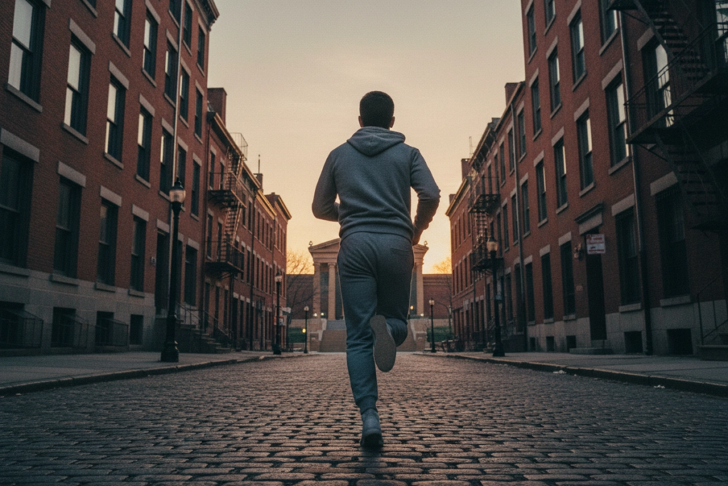 Jeune boxeur courant dans les rues de Philadelphie