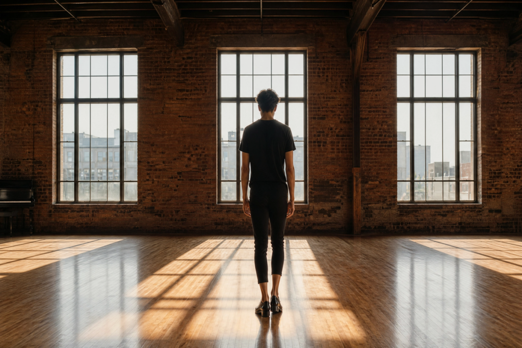Jeune danseur de claquettes en pleine préparation dans un studio