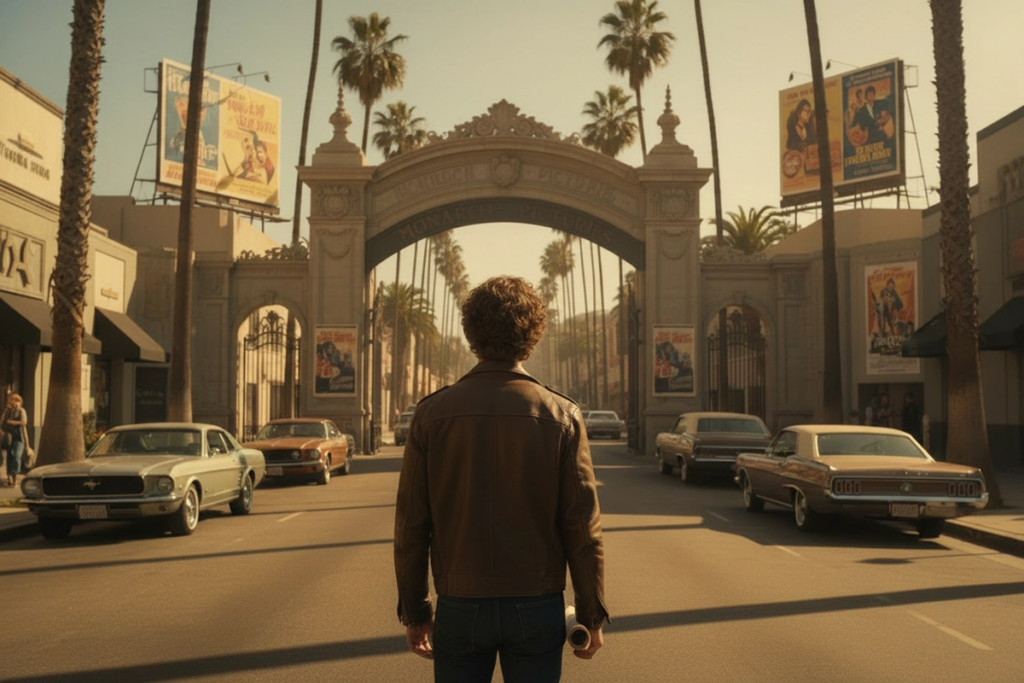 Jeune homme debout devant l'entrée d'un grand studio de cinéma