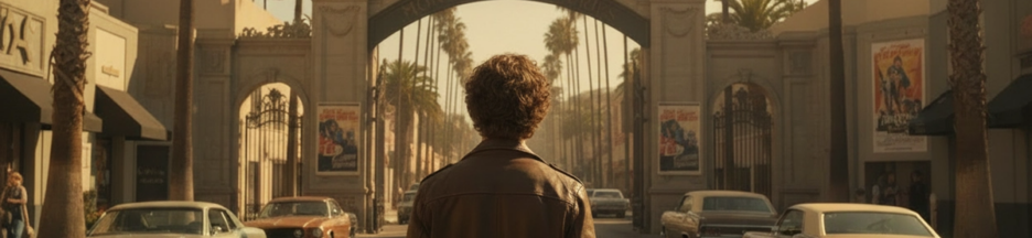Jeune homme debout devant l'entrée d'un grand studio de cinéma