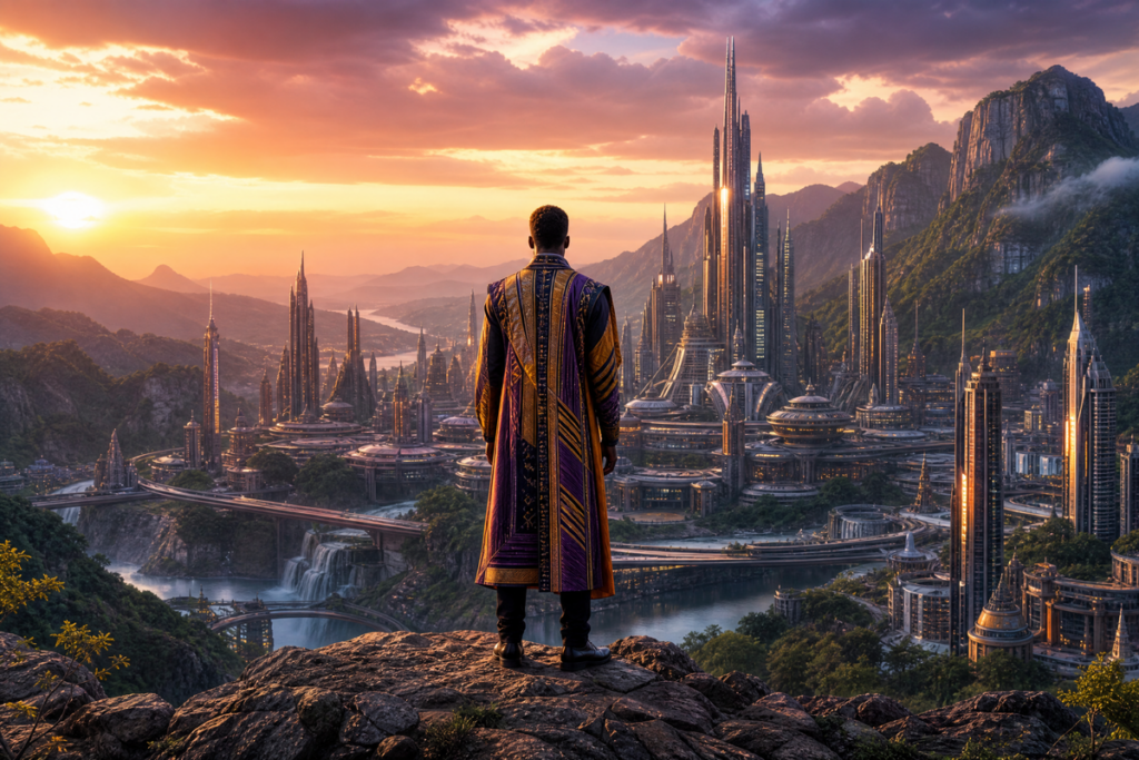 Jeune homme en tenue inspirée de l'Afrique face à une cité futuriste