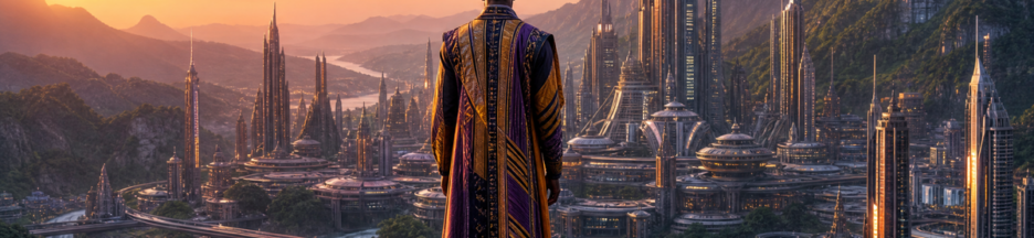 Jeune homme en tenue inspirée de l'Afrique face à une cité futuriste