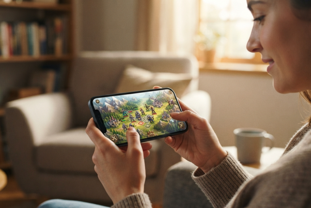 Une jeune femme qui joue sur son smartphone