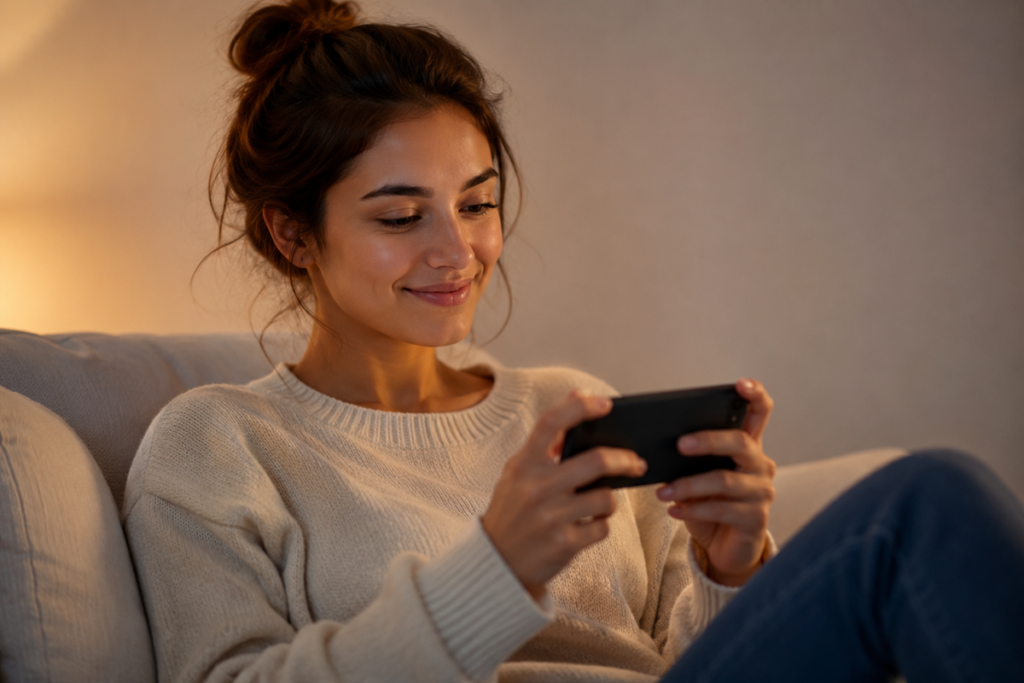 Une jeune femme qui joue sur son smartphone