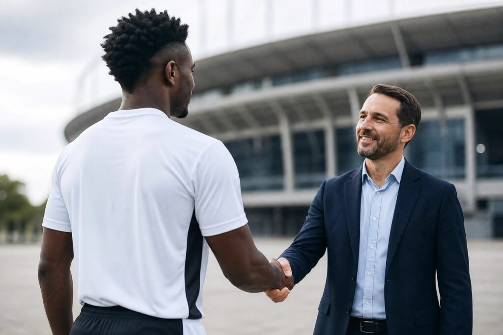 Poignée de main entre en coach et un joueur