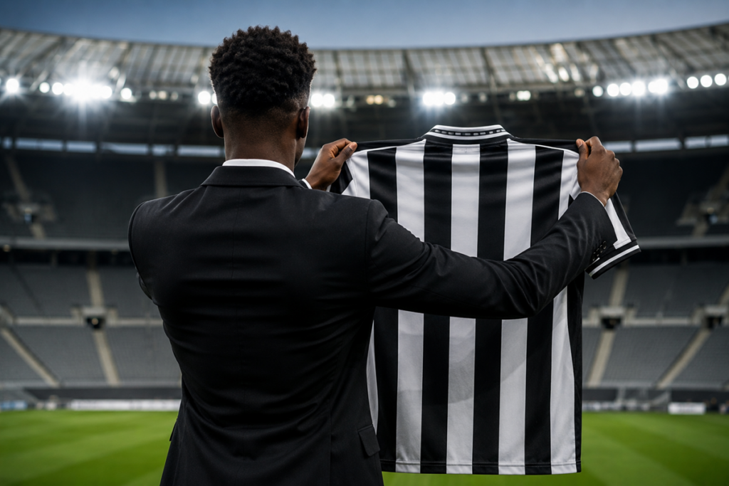 Joueur tenant le maillot de Newcastle
