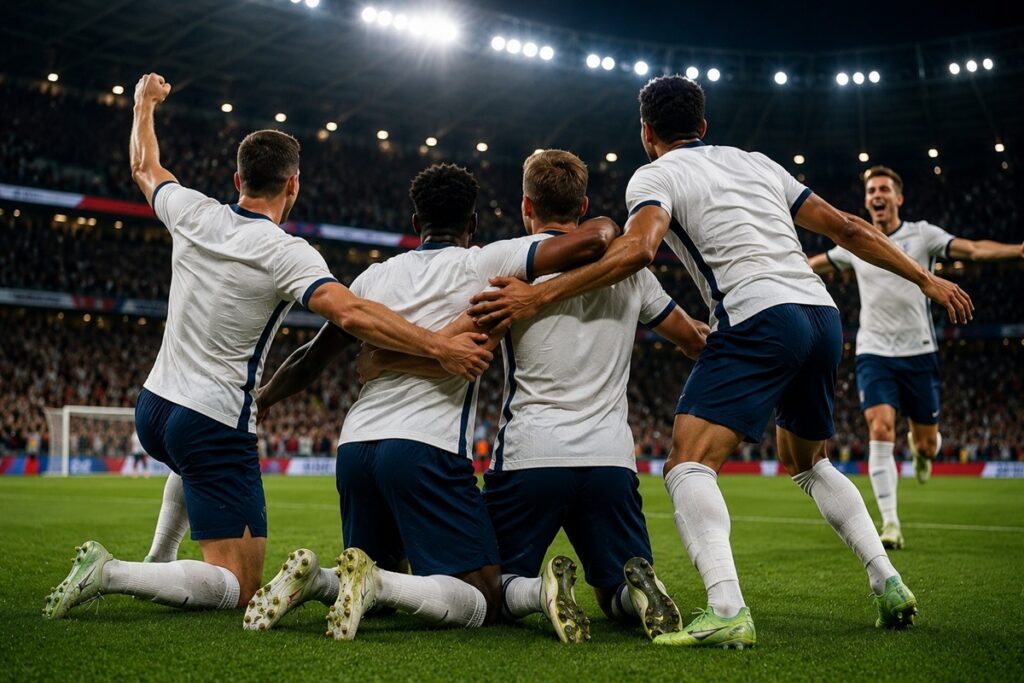 Illustration des joueurs de l'Angleterre qui célèbrent un but
