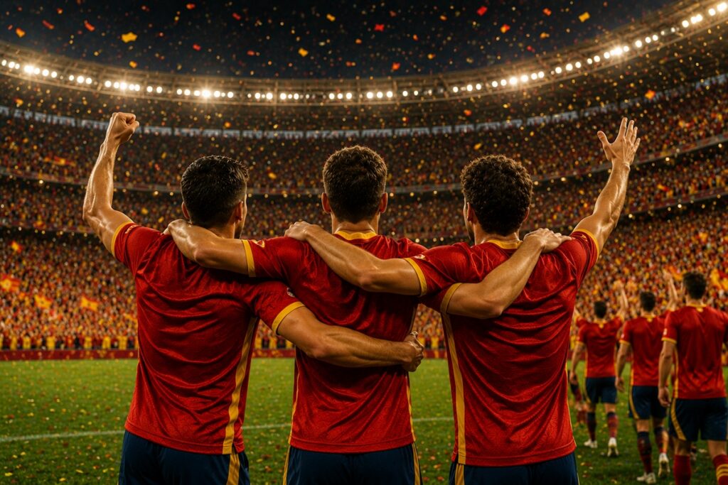Les joueurs de l’Espagne qui célèbrent leur victoire