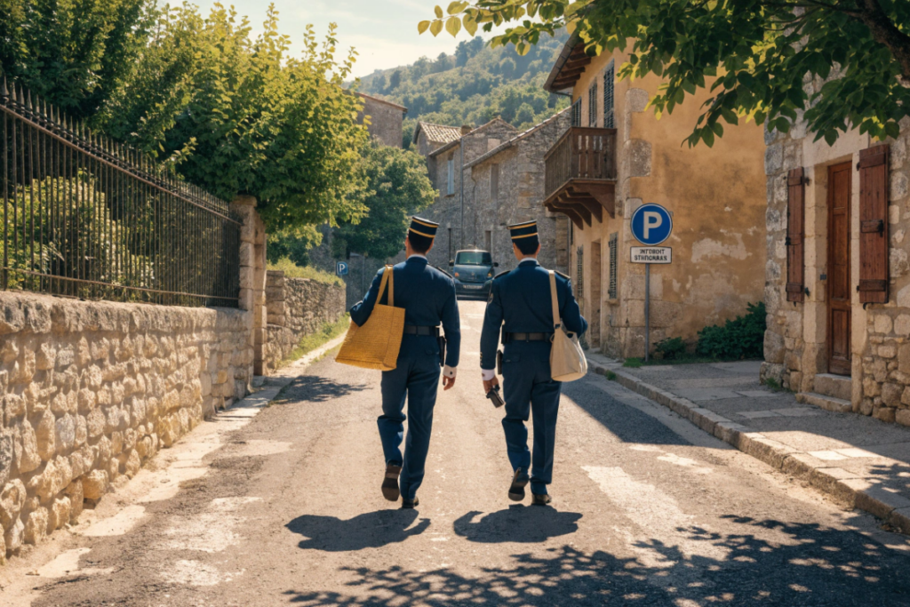 Deux silhouettes en uniforme de gendarmerie de dos, image du film Les Gendarmes