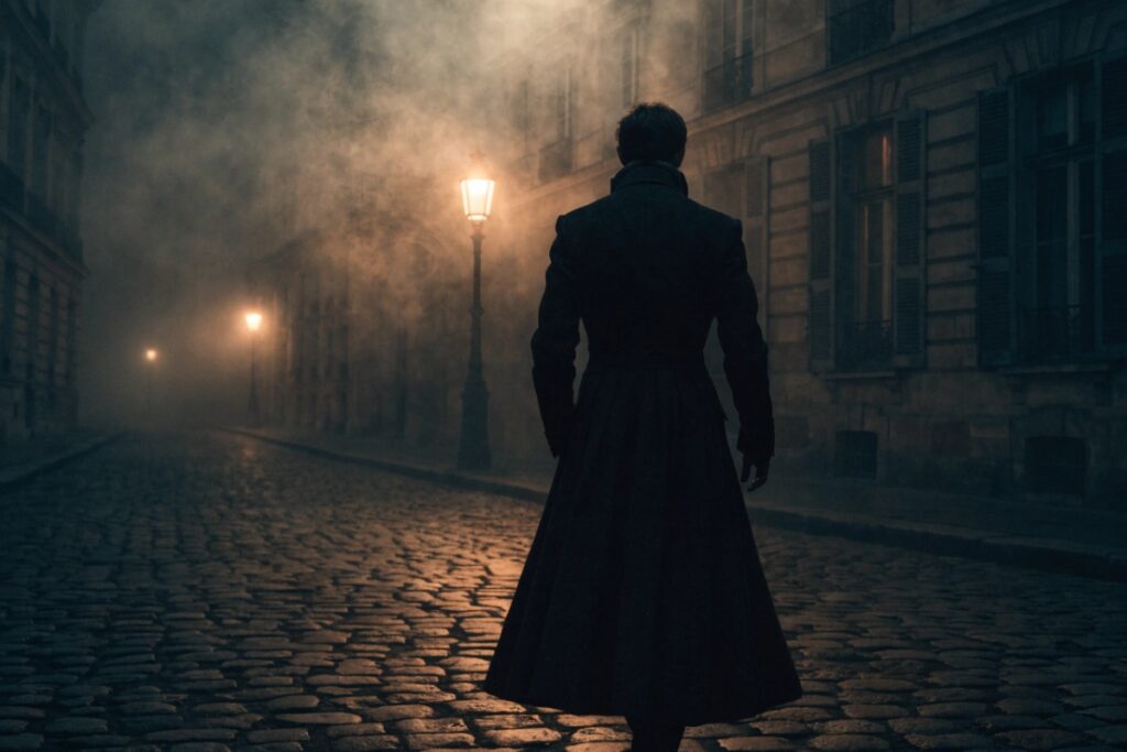 Un homme marchant dans une rue sombre