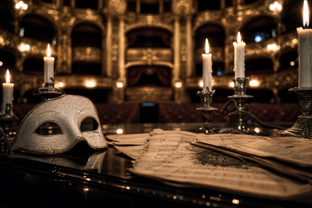 Masque blanc ancien posé sur un piano noir