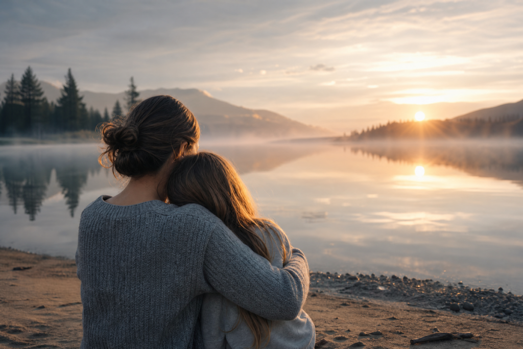 Mère et fille qui s'enlacent