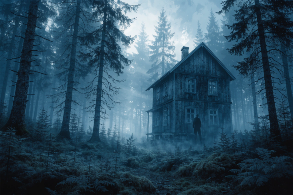 Une maison en bois isolée au coeur d'une forêt dense et brumeuse
