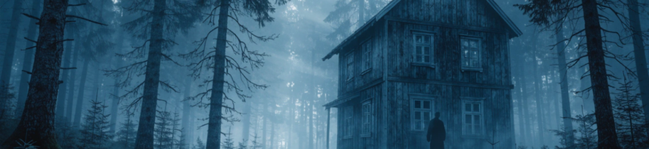 Une maison en bois isolée au coeur d'une forêt dense et brumeuse