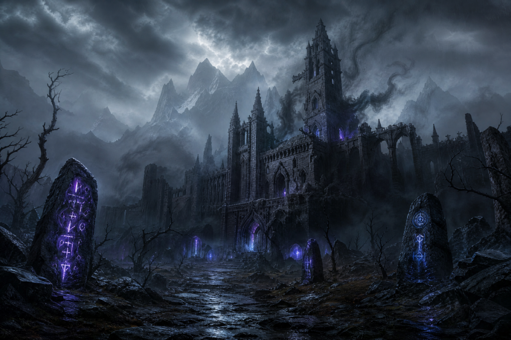 Paysage de fantaisie noire avec une citadelle envahie par les ténèbres