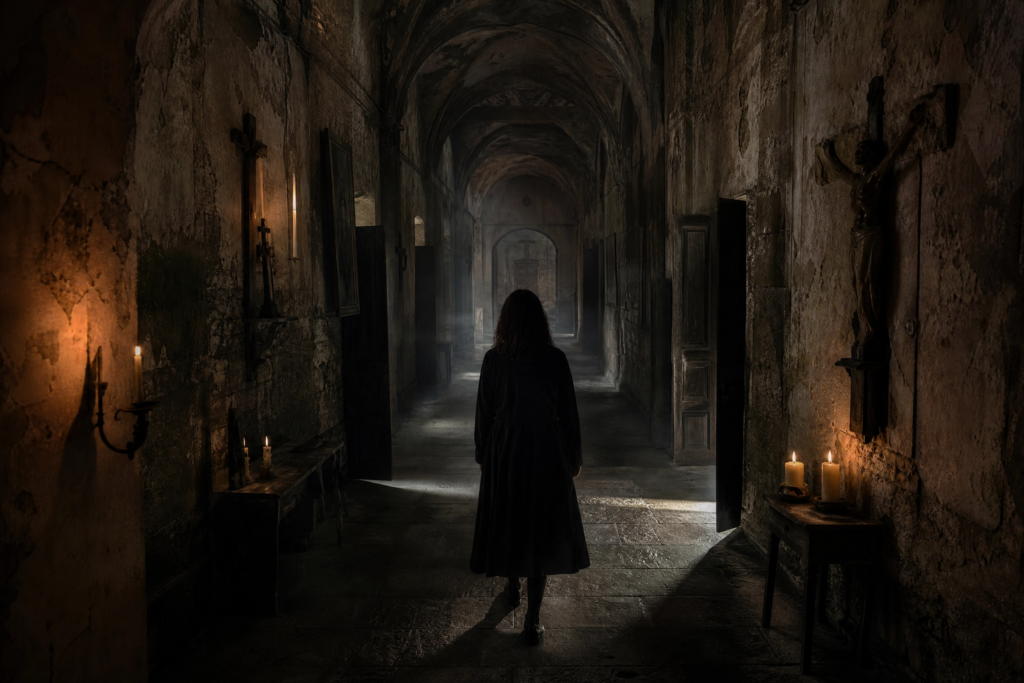 Personne avançant dans un long couloir d'un ancien monastère